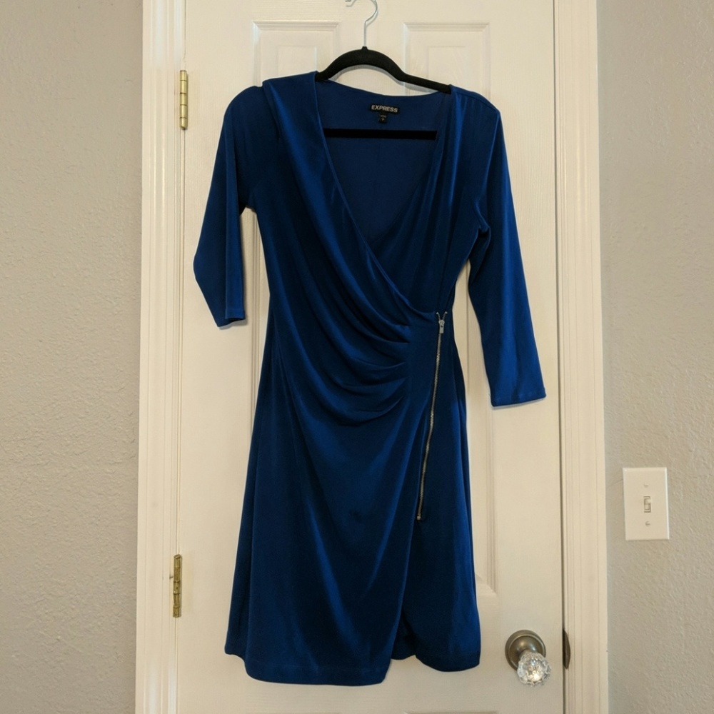 Royal blue v neck wrap dress with side zipper sz S